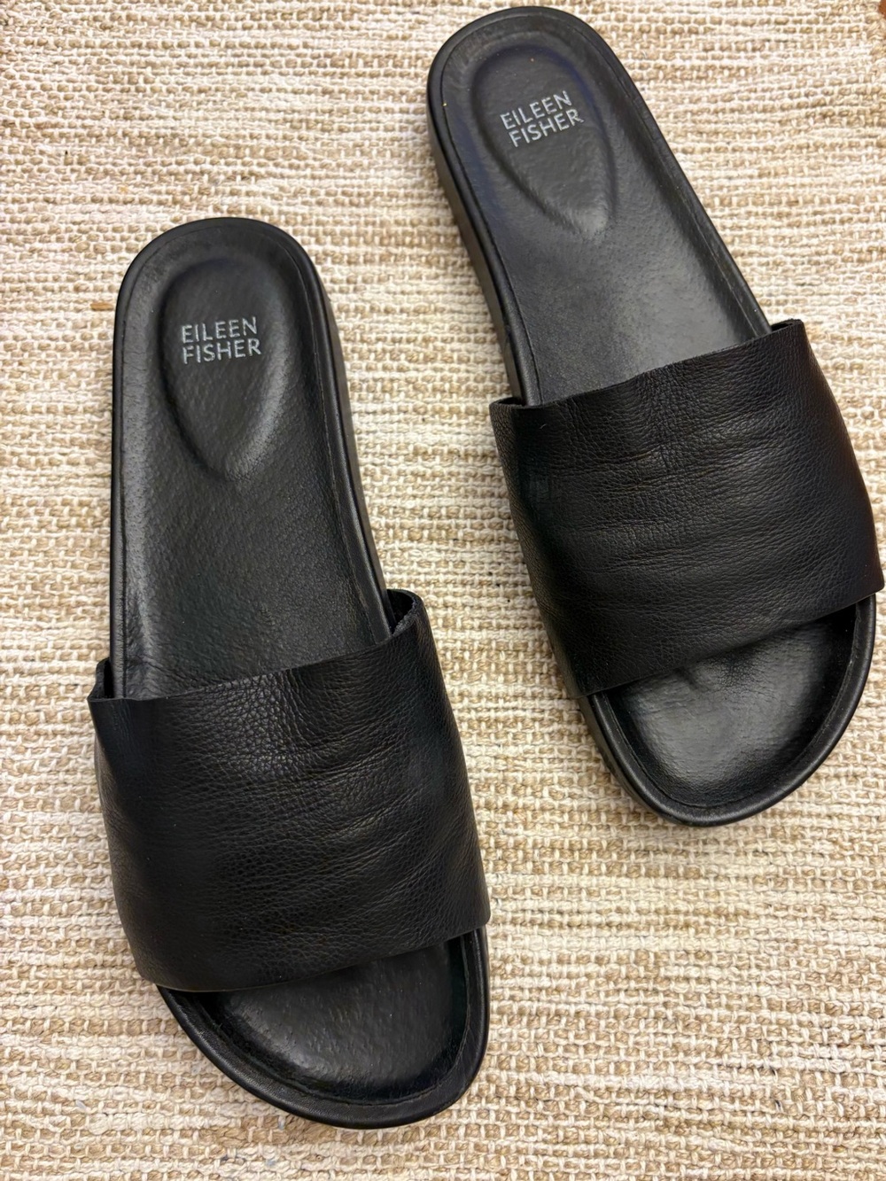 Eileen Fisher Black Leather Wide-Strap Slide Sandals